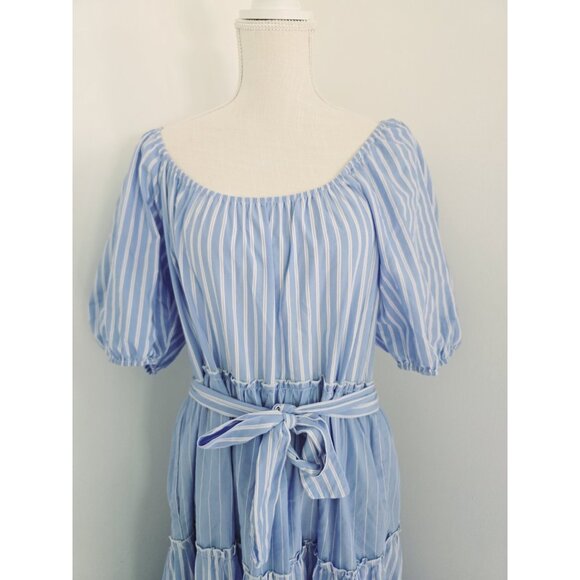 Fifteen Twenty Cotton Striped Blue White Tie Tiered Peasant Midi Cottage Dress L - Picture 3 of 13